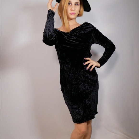 David Dart For Force One Black Velvet Dress Off The Shoulder Circa 1980s - Picture 8 of 8